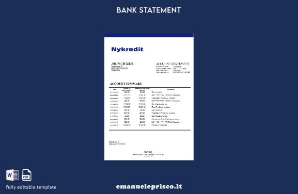 modello word di estratto conto bancario Danimarca Nykredit in stile verificato